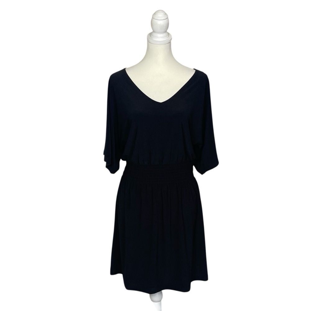 WHBM Black Dress Small V Neck Elastic Waist Flowy Mini Career Casual Classic